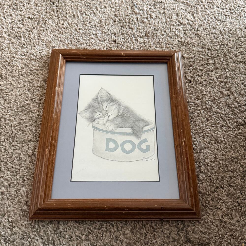 Vintage Kitten in Dog Bowl Sketch Wood Framed Cat Blue Mat